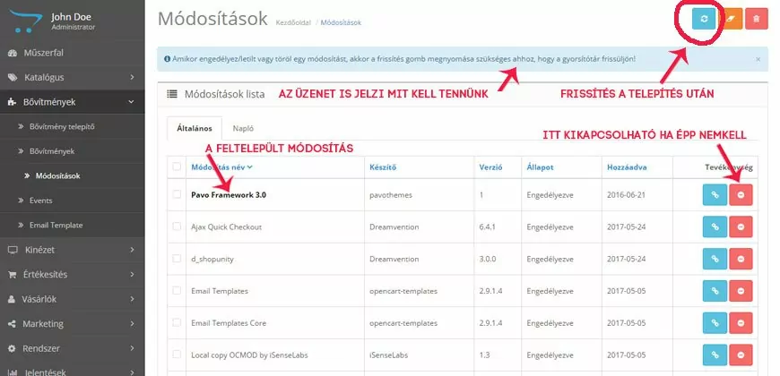 Opencart oktatóanyag: Bővítmény telepítése 4 bővítmény módosítás